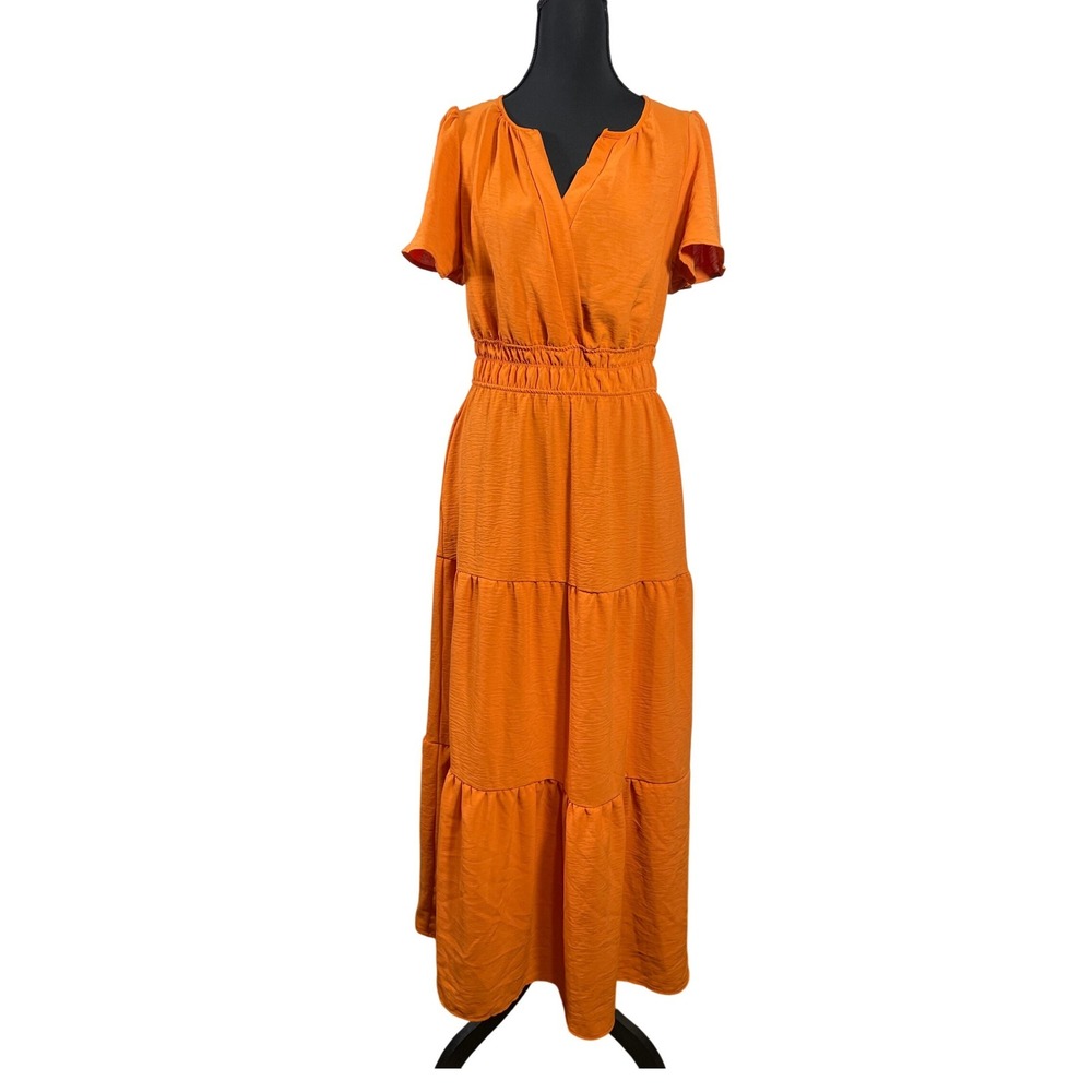 Monteau Los Angeles Orange Textured Tiered Midi Dress Flutter Sleeve Pockets  M‎